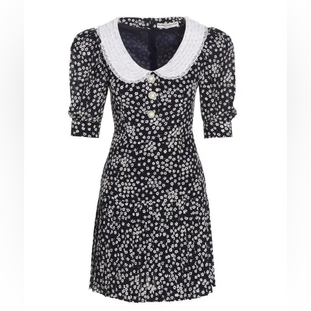 Alessandra Rich Silk Daisy Mini Dress - Drop Waist, Pleated, Peter Pan Collar